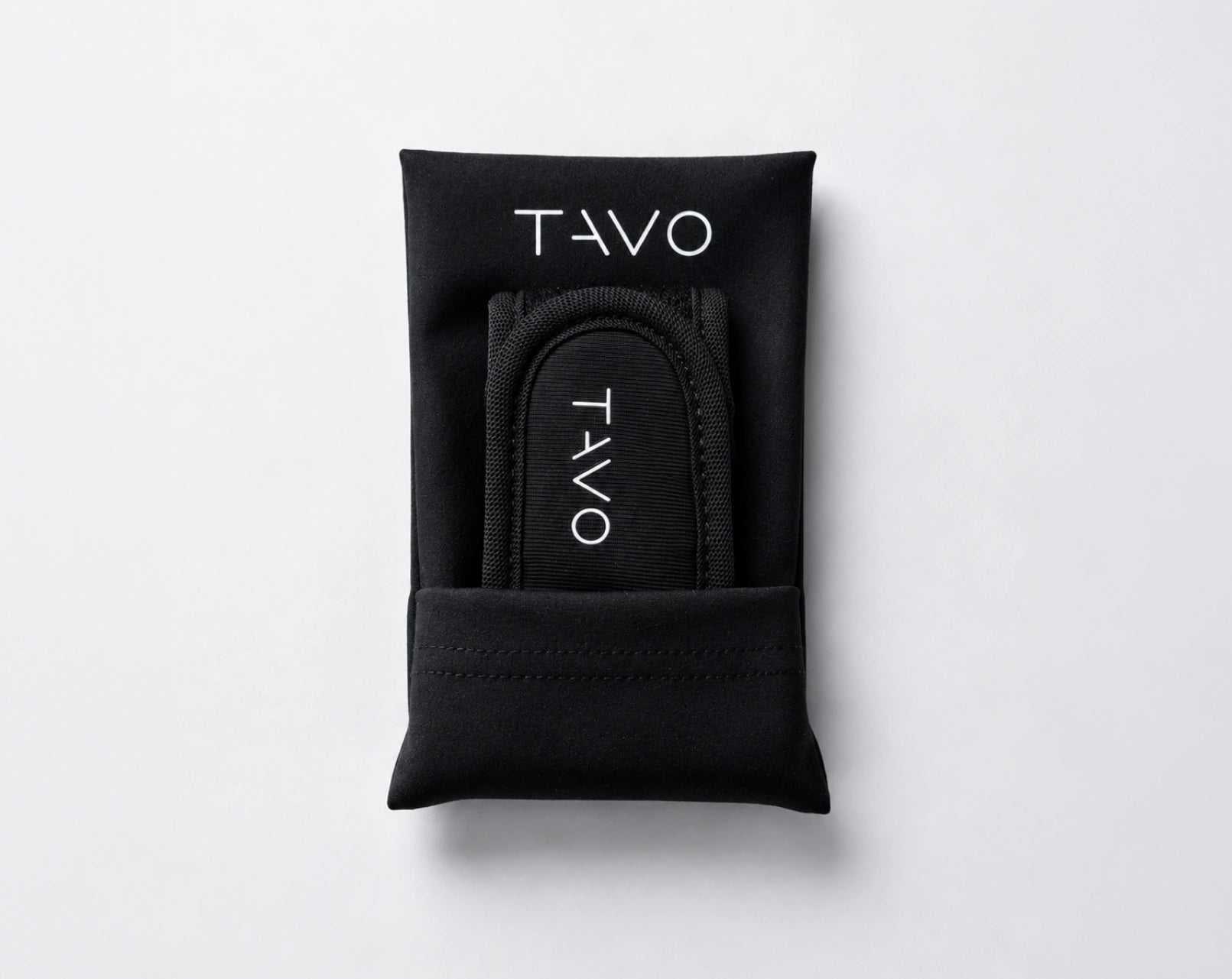 Black TAVO pouch with a TAVO V2 inside on a light gray background